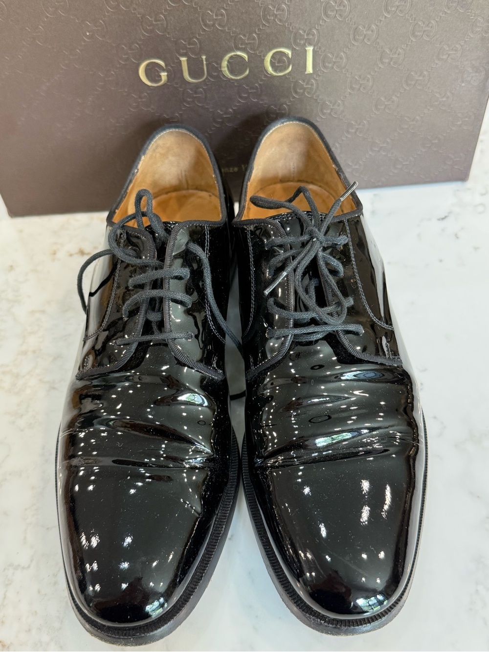 Gucci Black Patent Leather Lace-Up Oxfords